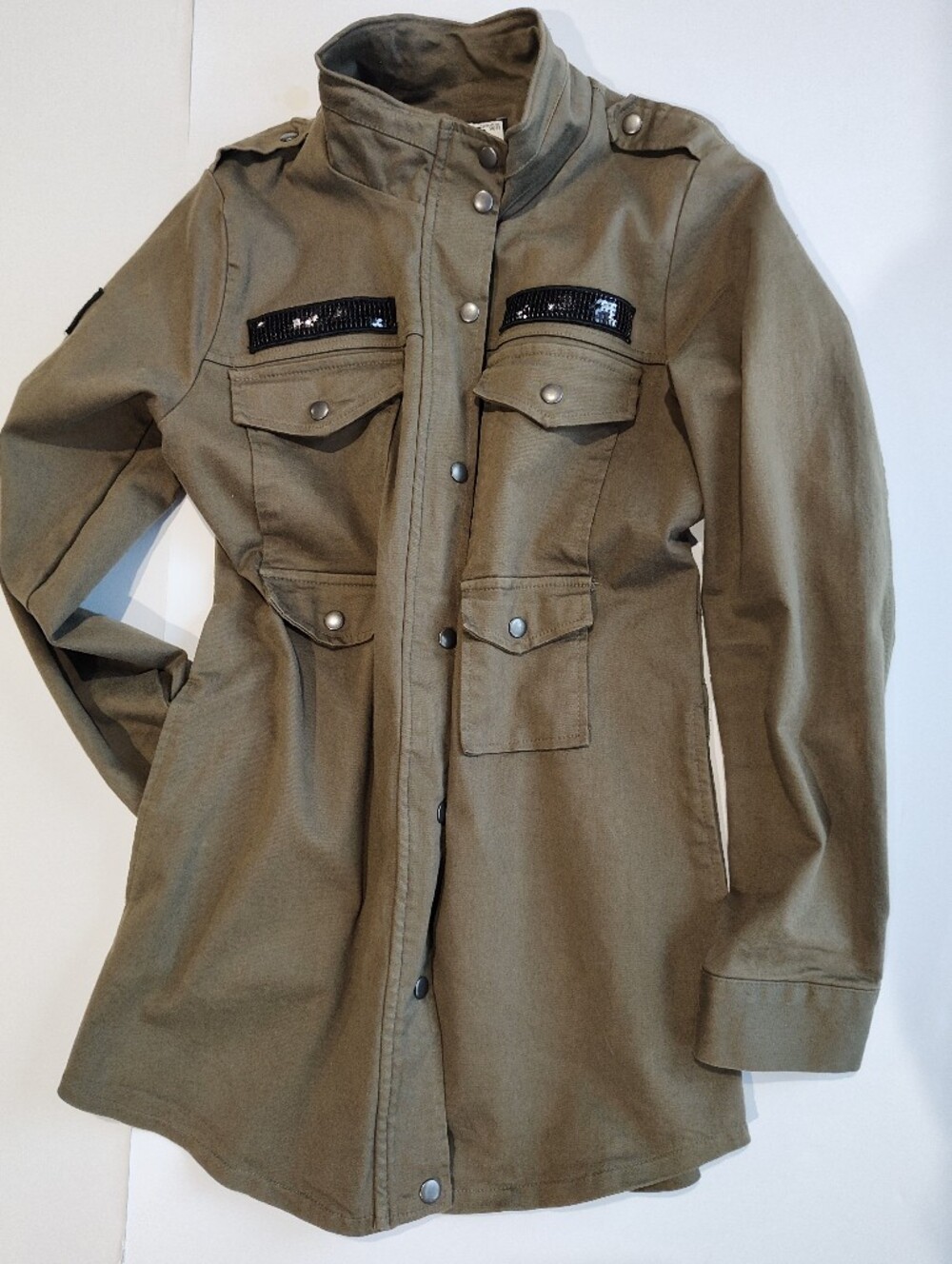 Olive Utility Shirt Dress Jacket - Women's Button-Front Military Style Size S